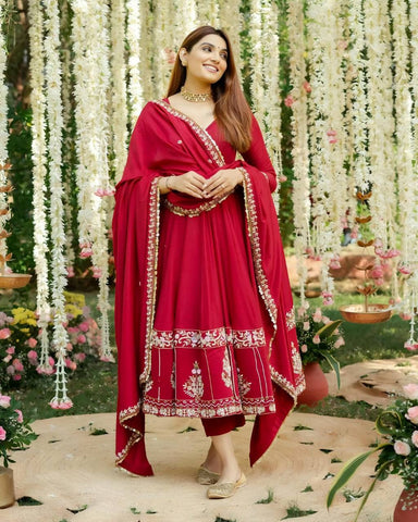 Wedding Wear Red Color Embroidered Sequins And Thread Work Anarkali Gown