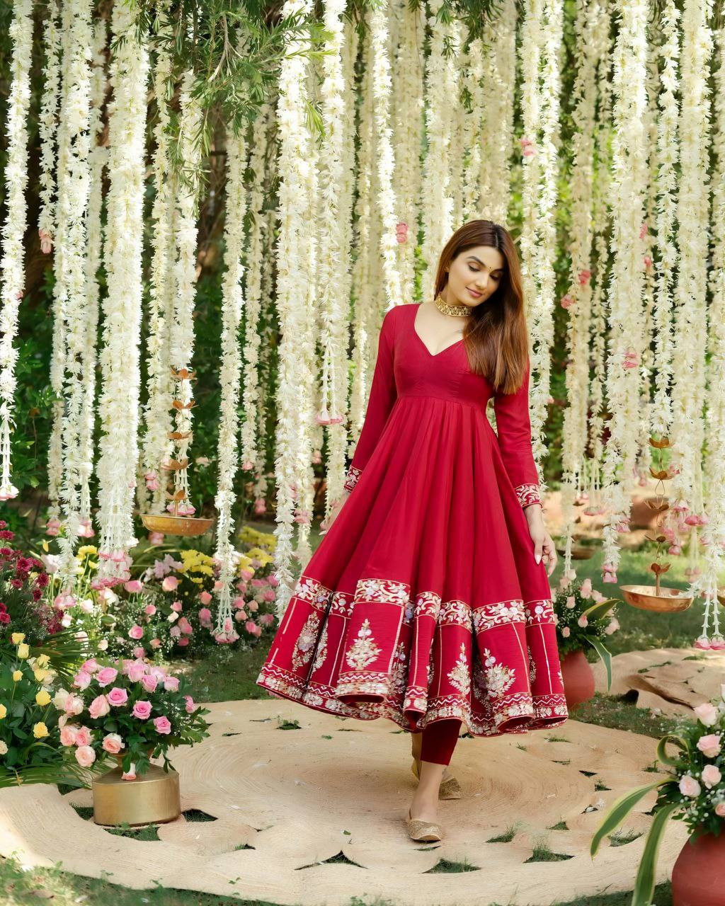 Wedding Wear Red Color Embroidered Sequins And Thread Work Anarkali Gown