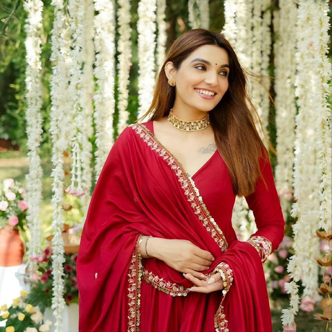 Wedding Wear Red Color Embroidered Sequins And Thread Work Anarkali Gown