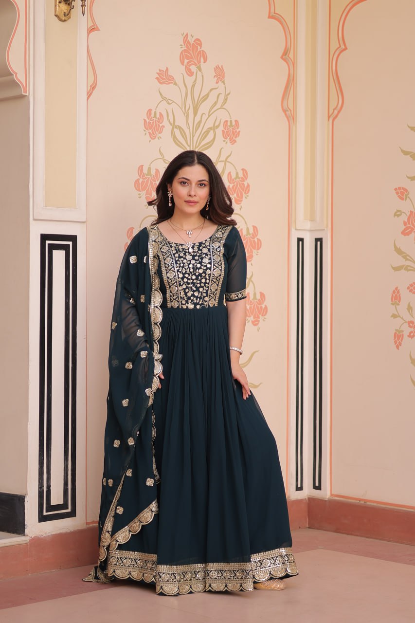 Engagement Wear Black Color Embroidery Zari And Sequin Work Gown