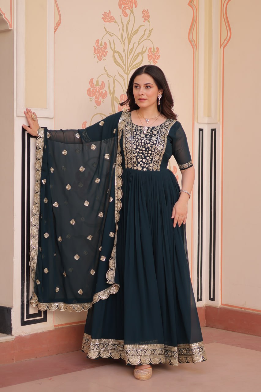 Engagement Wear Black Color Embroidery Zari And Sequin Work Gown