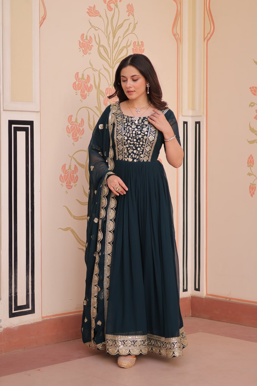 Engagement Wear Black Color Embroidery Zari And Sequin Work Gown