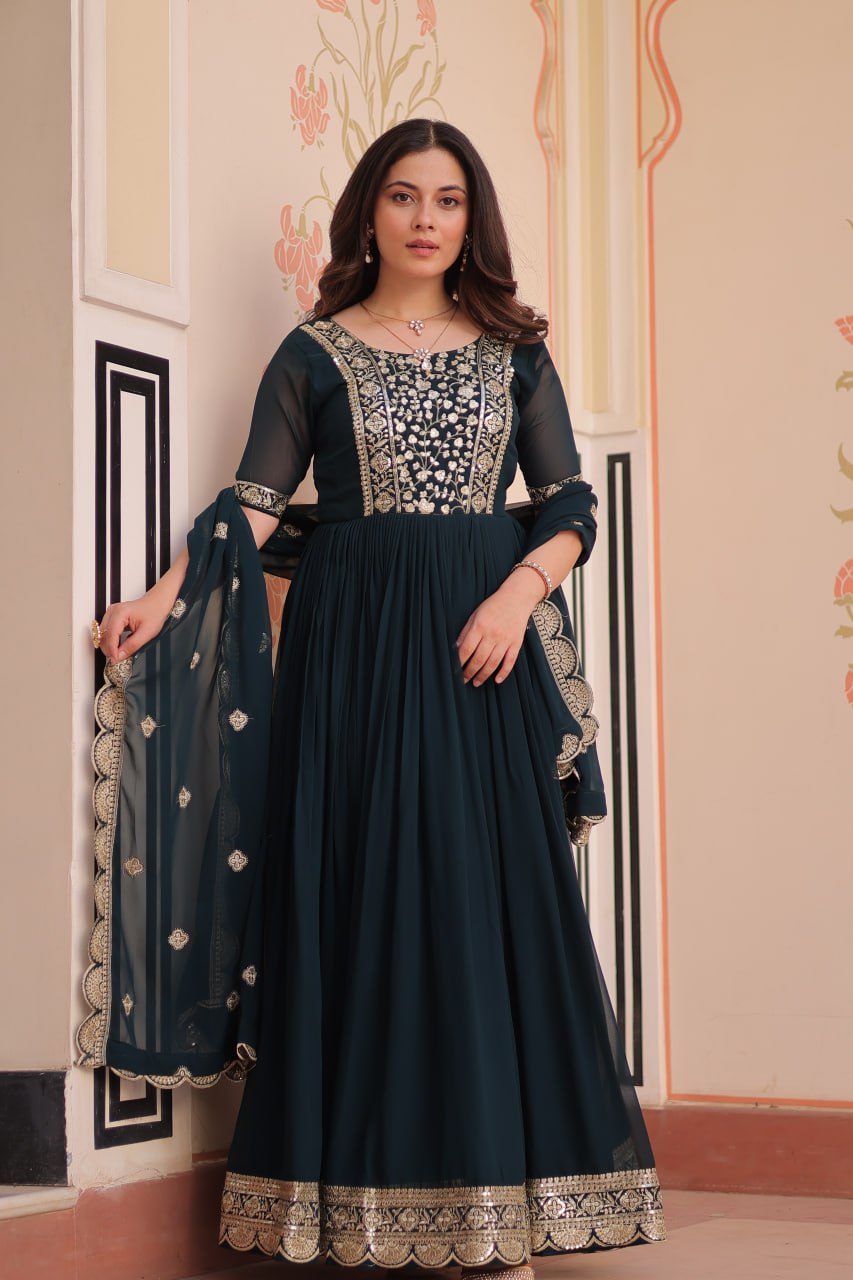 Engagement Wear Black Color Embroidery Zari And Sequin Work Gown