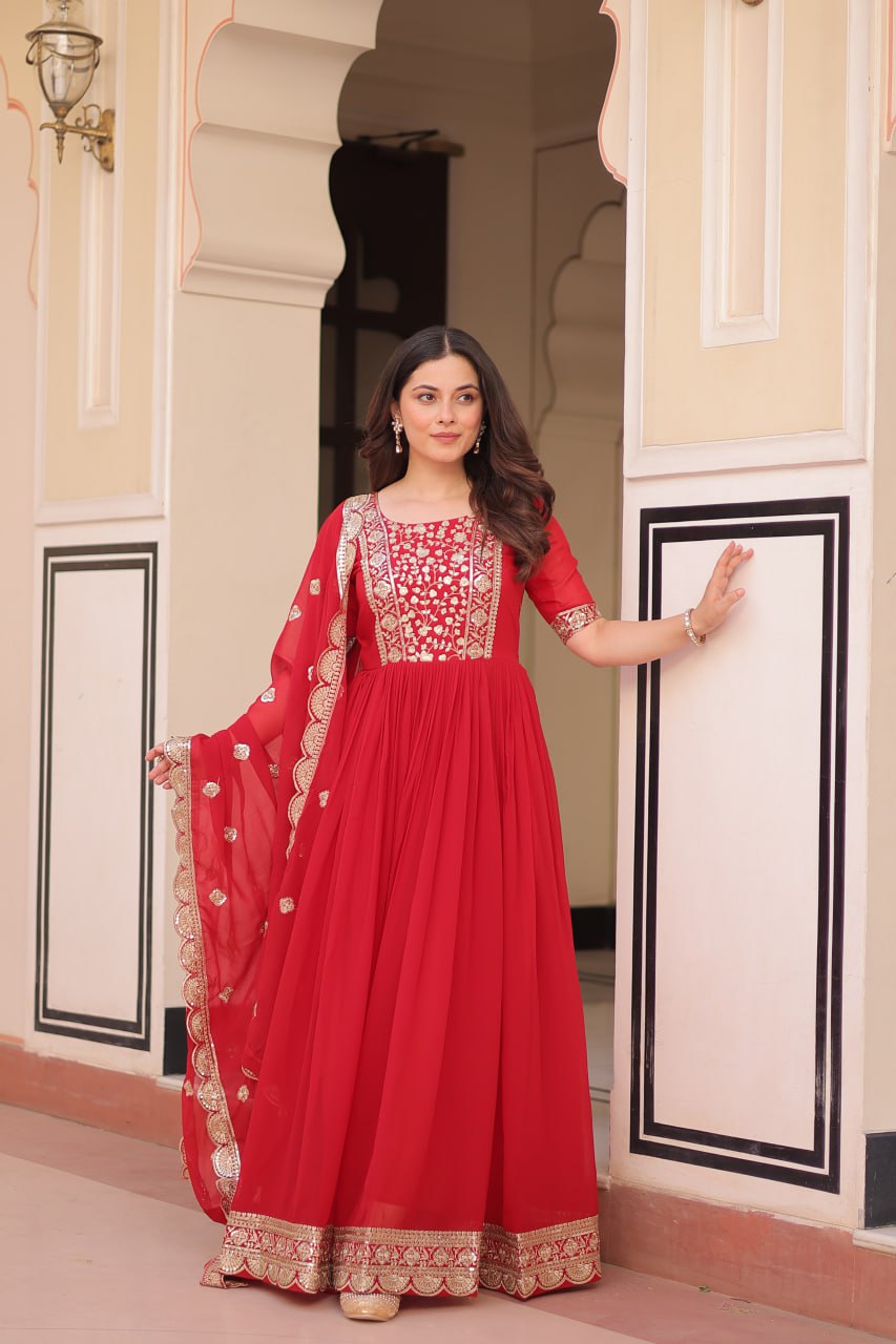 Engagement Wear Red Color Embroidery Zari And Sequin Work Gown