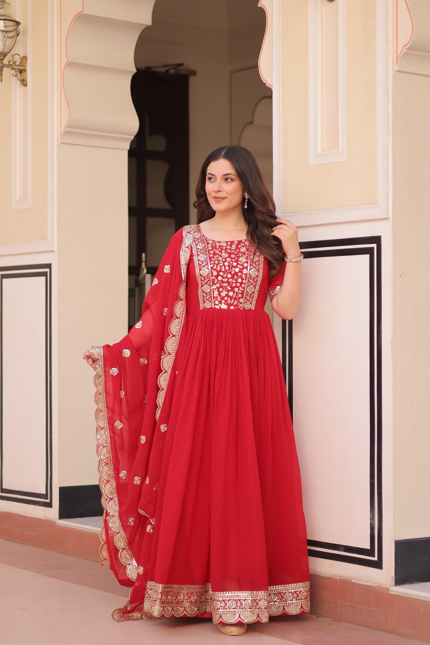 Engagement Wear Red Color Embroidery Zari And Sequin Work Gown