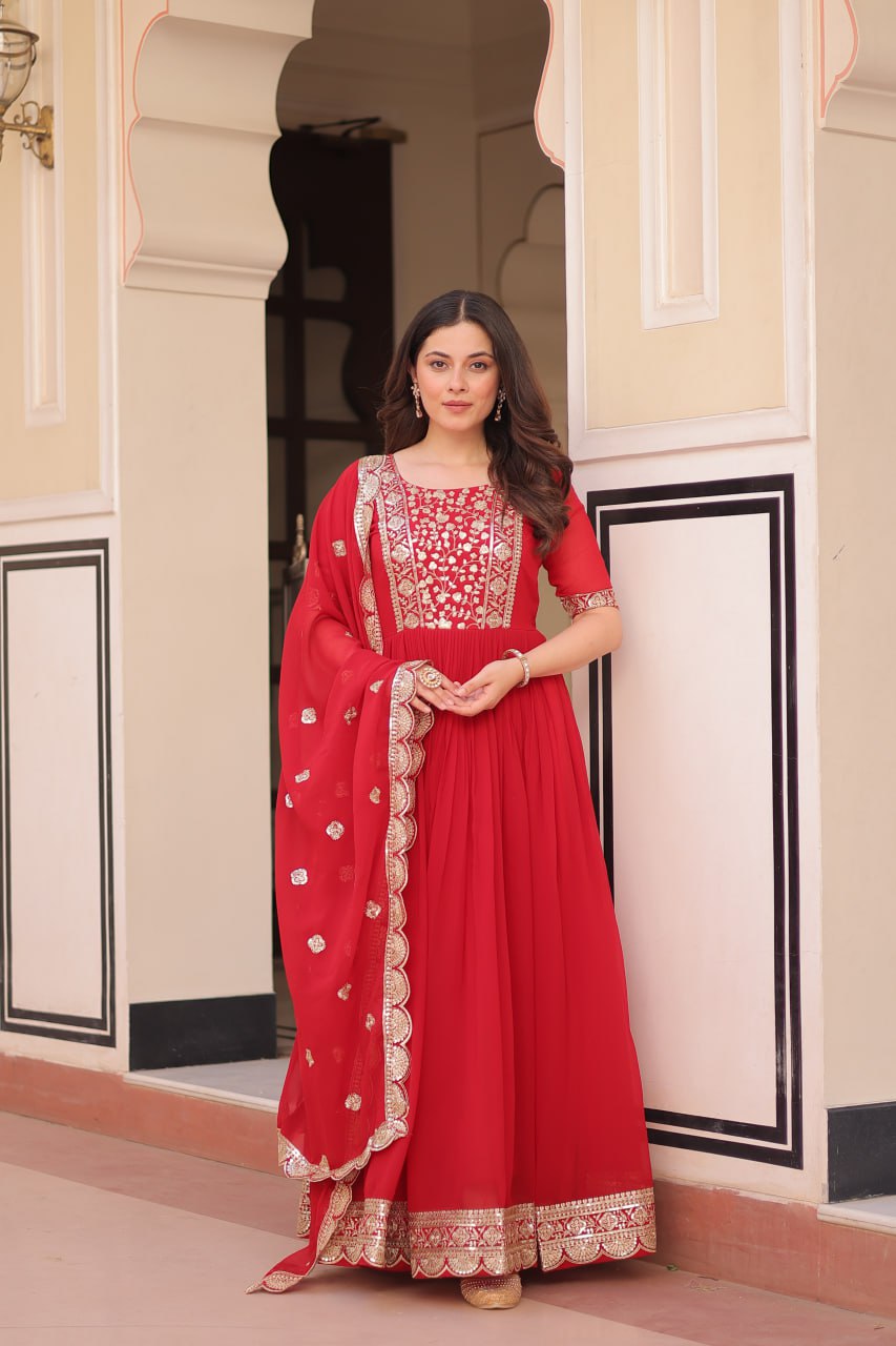 Engagement Wear Red Color Embroidery Zari And Sequin Work Gown