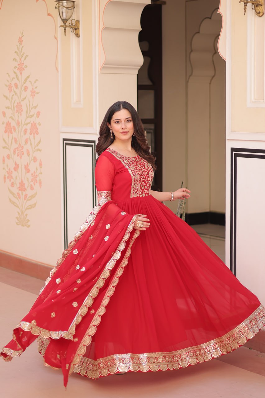 Engagement Wear Red Color Embroidery Zari And Sequin Work Gown