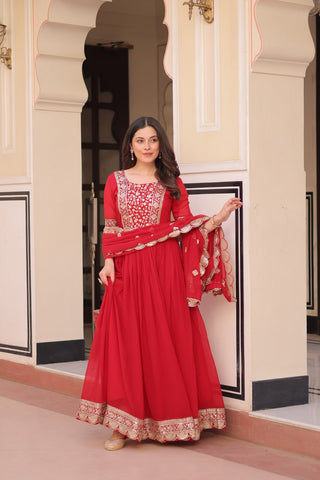 Engagement Wear Red Color Embroidery Zari And Sequin Work Gown