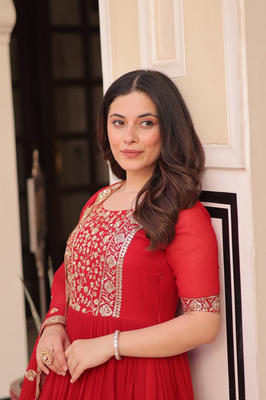Engagement Wear Red Color Embroidery Zari And Sequin Work Gown
