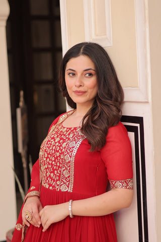 Engagement Wear Red Color Embroidery Zari And Sequin Work Gown