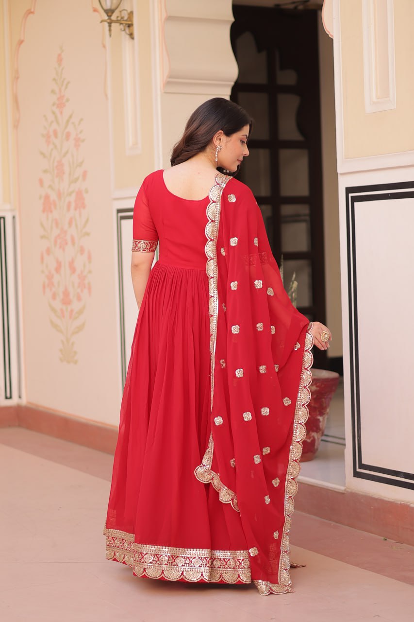 Engagement Wear Red Color Embroidery Zari And Sequin Work Gown
