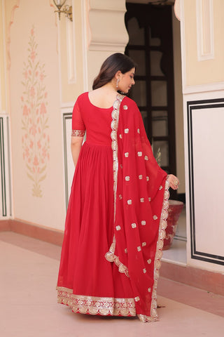 Engagement Wear Red Color Embroidery Zari And Sequin Work Gown