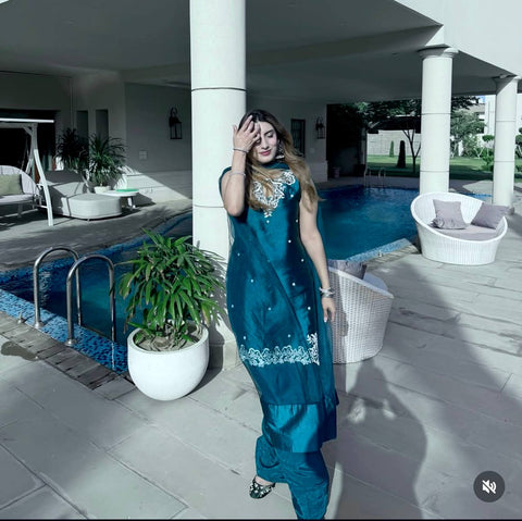 Function Wear Teal Blue Thread Embroidery Work Top With Palazzo
