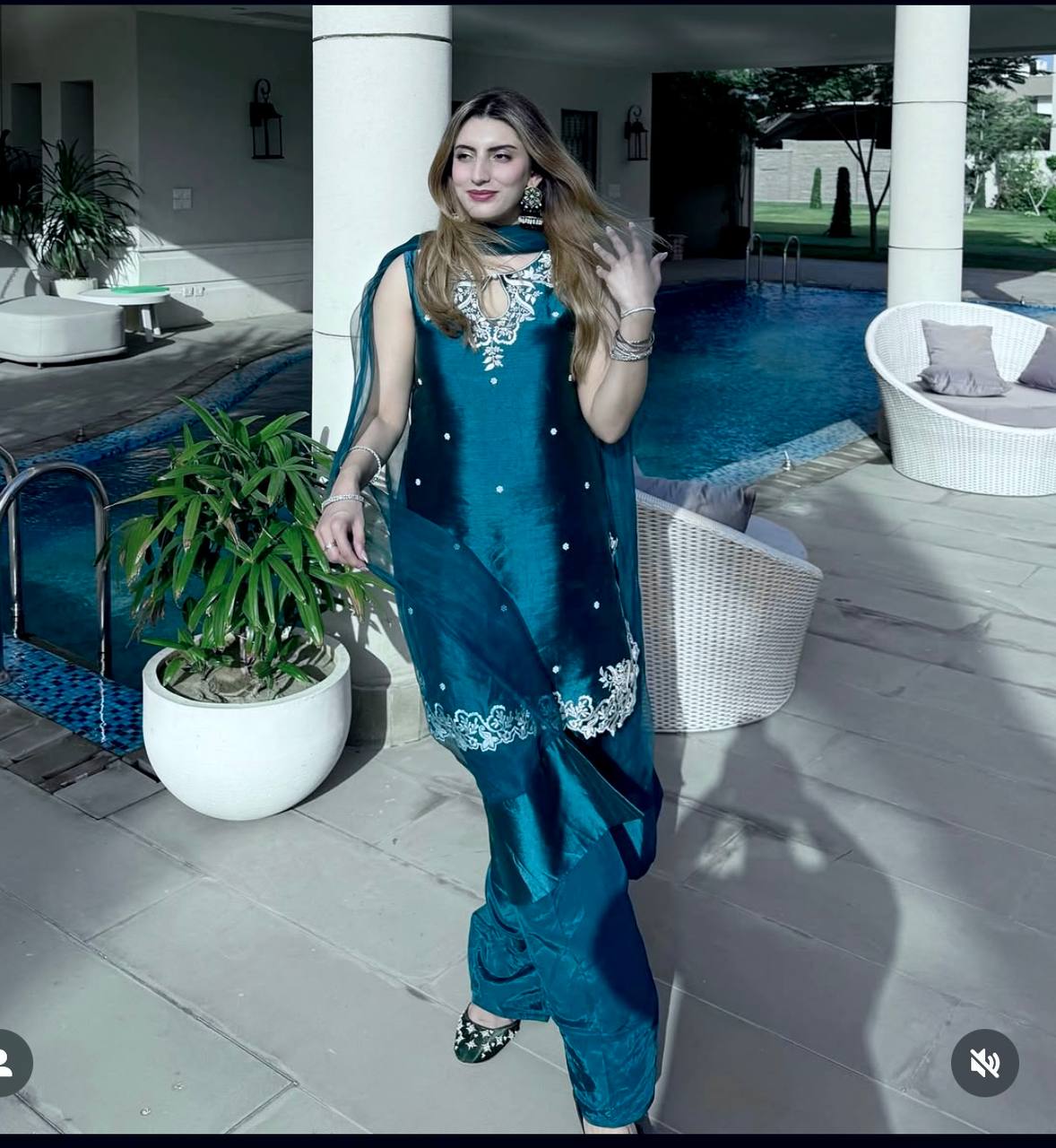 Function Wear Teal Blue Thread Embroidery Work Top With Palazzo