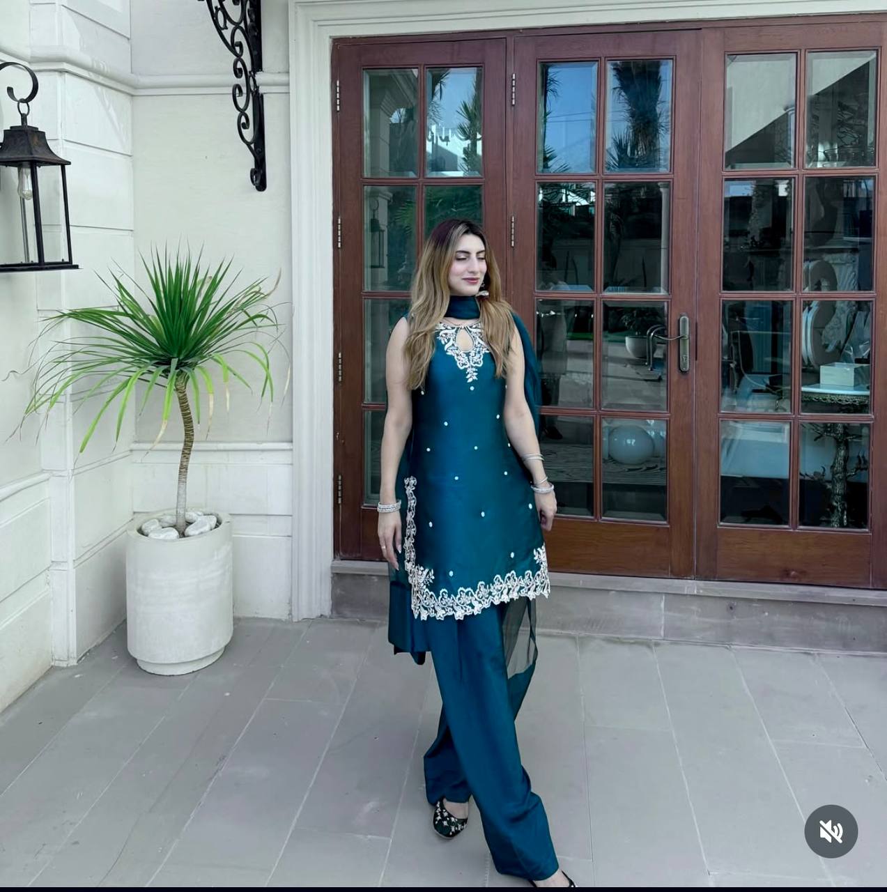 Function Wear Teal Blue Thread Embroidery Work Top With Palazzo