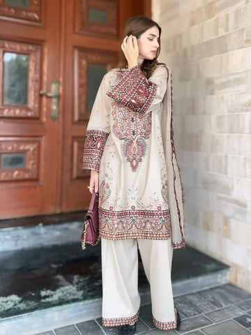 Wedding Wear Cream Color Embroidery Work Beautiful Palazzo Suit