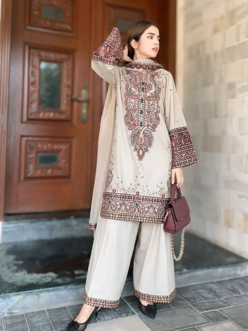 Wedding Wear Cream Color Embroidery Work Beautiful Palazzo Suit
