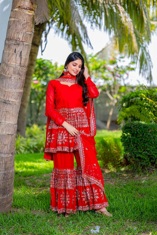Party Wear Red Color Heavy Faux Georgette With Heavy Embroidery Work Sharara Suit