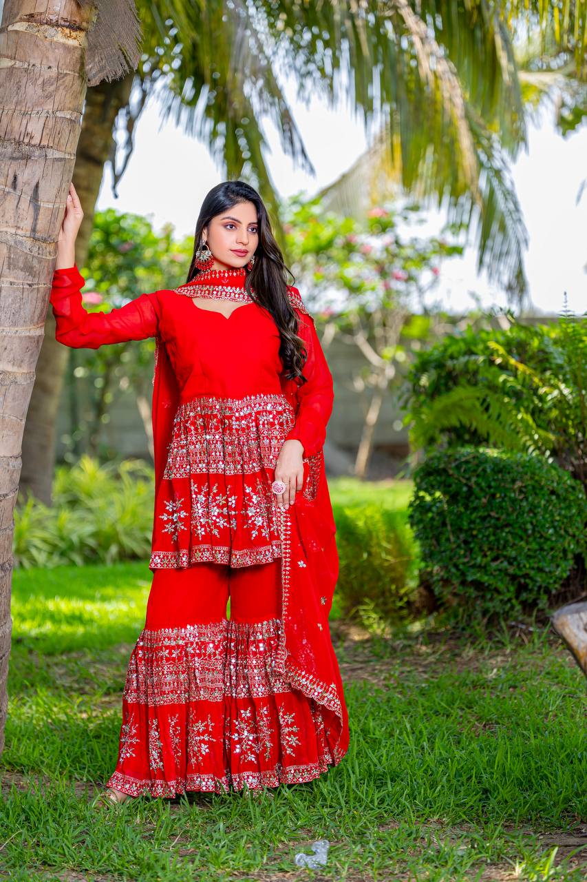 Party Wear Red Color Heavy Faux Georgette With Heavy Embroidery Work Sharara Suit