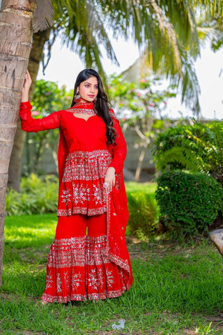 Party Wear Red Color Heavy Faux Georgette With Heavy Embroidery Work Sharara Suit