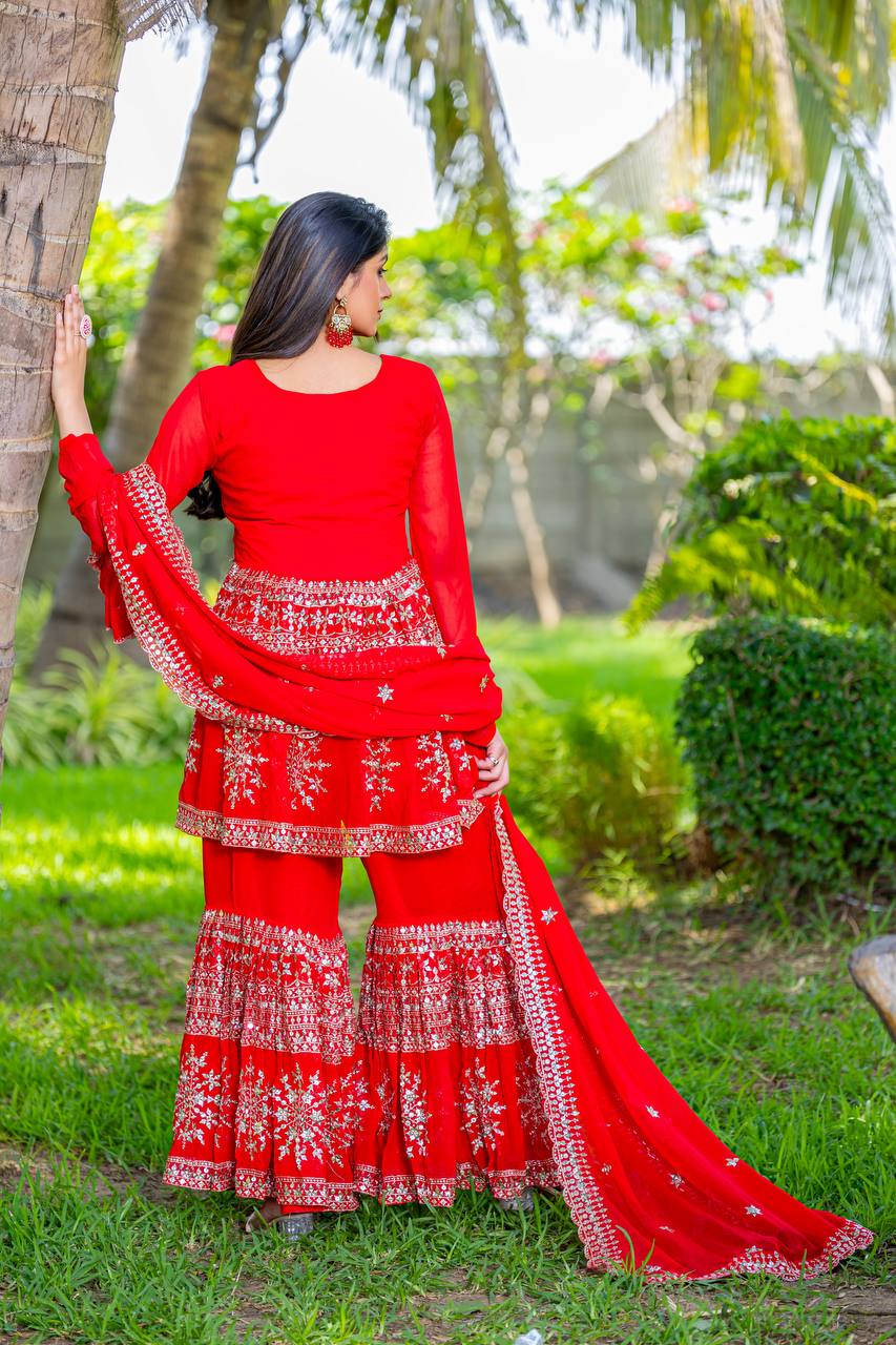 Party Wear Red Color Heavy Faux Georgette With Heavy Embroidery Work Sharara Suit