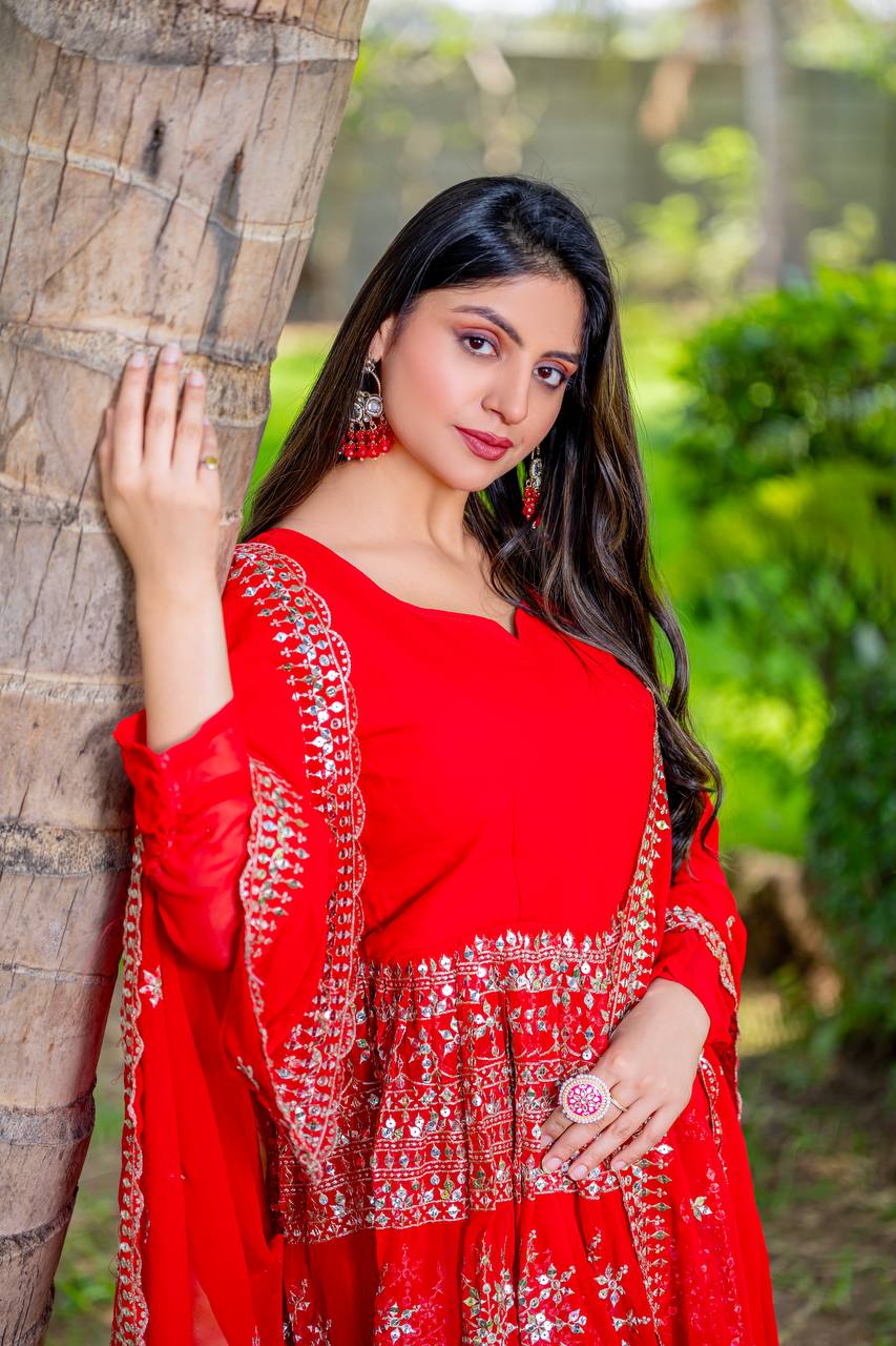 Party Wear Red Color Heavy Faux Georgette With Heavy Embroidery Work Sharara Suit