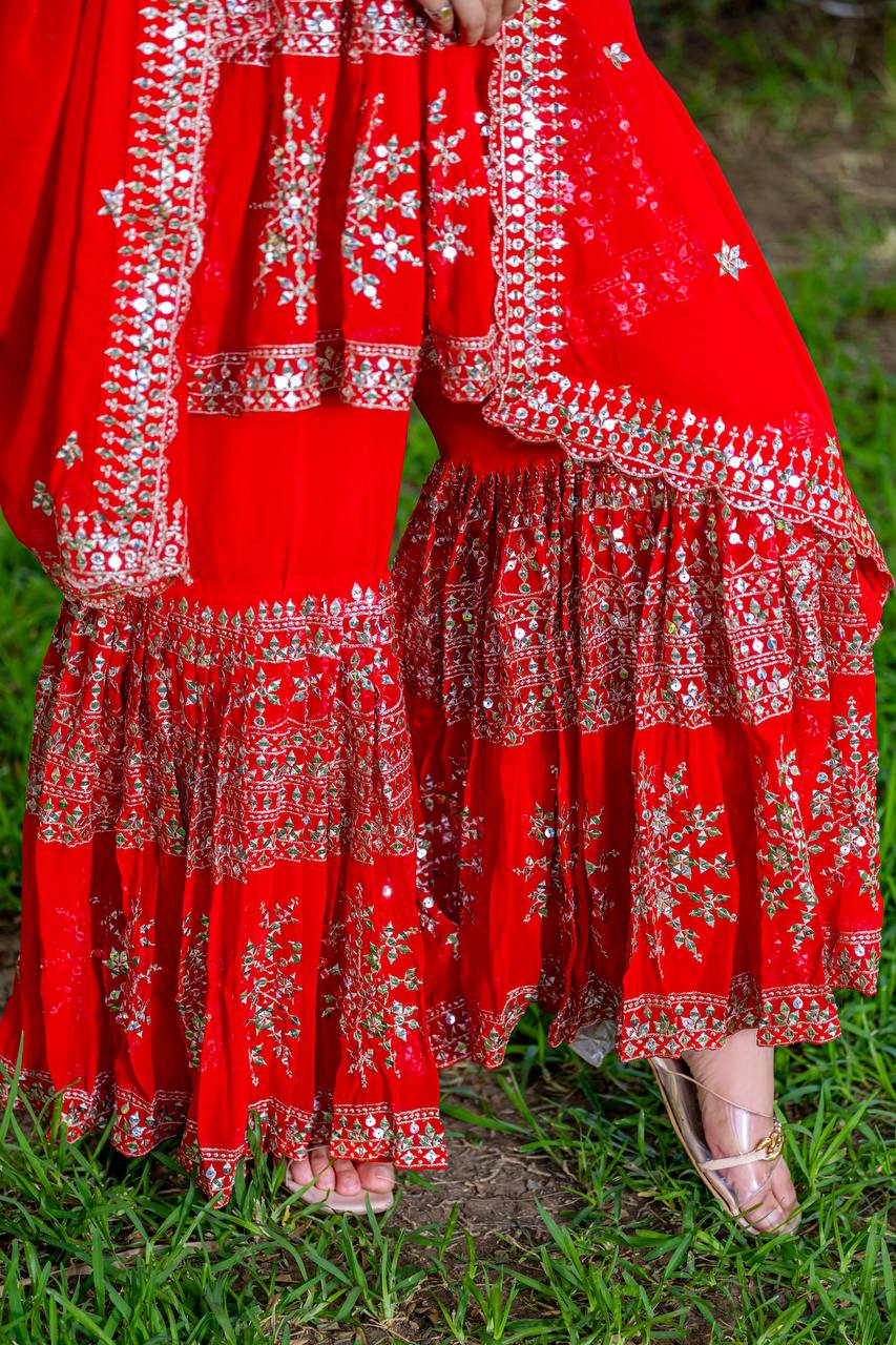 Party Wear Red Color Heavy Faux Georgette With Heavy Embroidery Work Sharara Suit