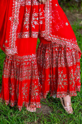 Party Wear Red Color Heavy Faux Georgette With Heavy Embroidery Work Sharara Suit