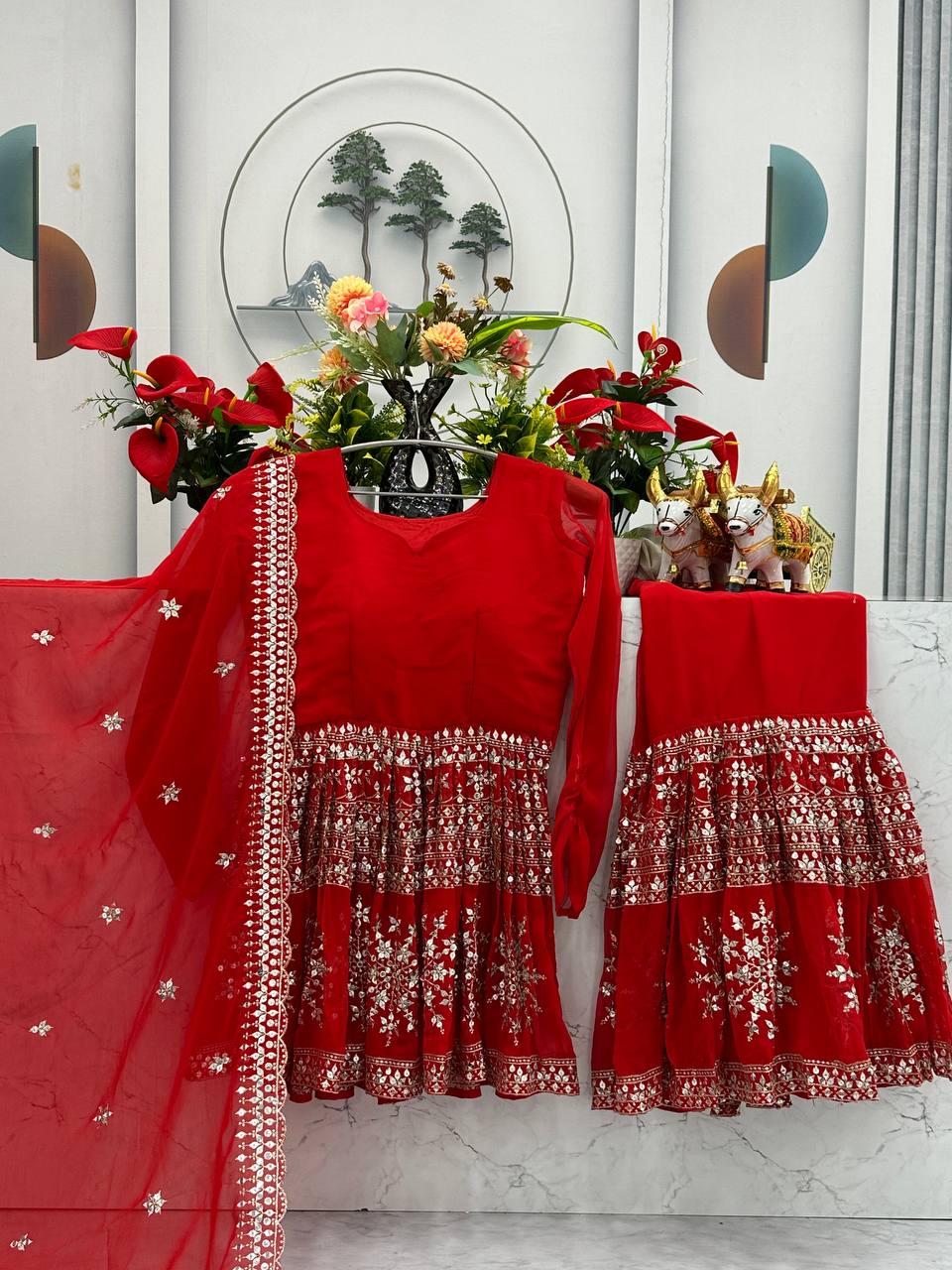 Party Wear Red Color Heavy Faux Georgette With Heavy Embroidery Work Sharara Suit