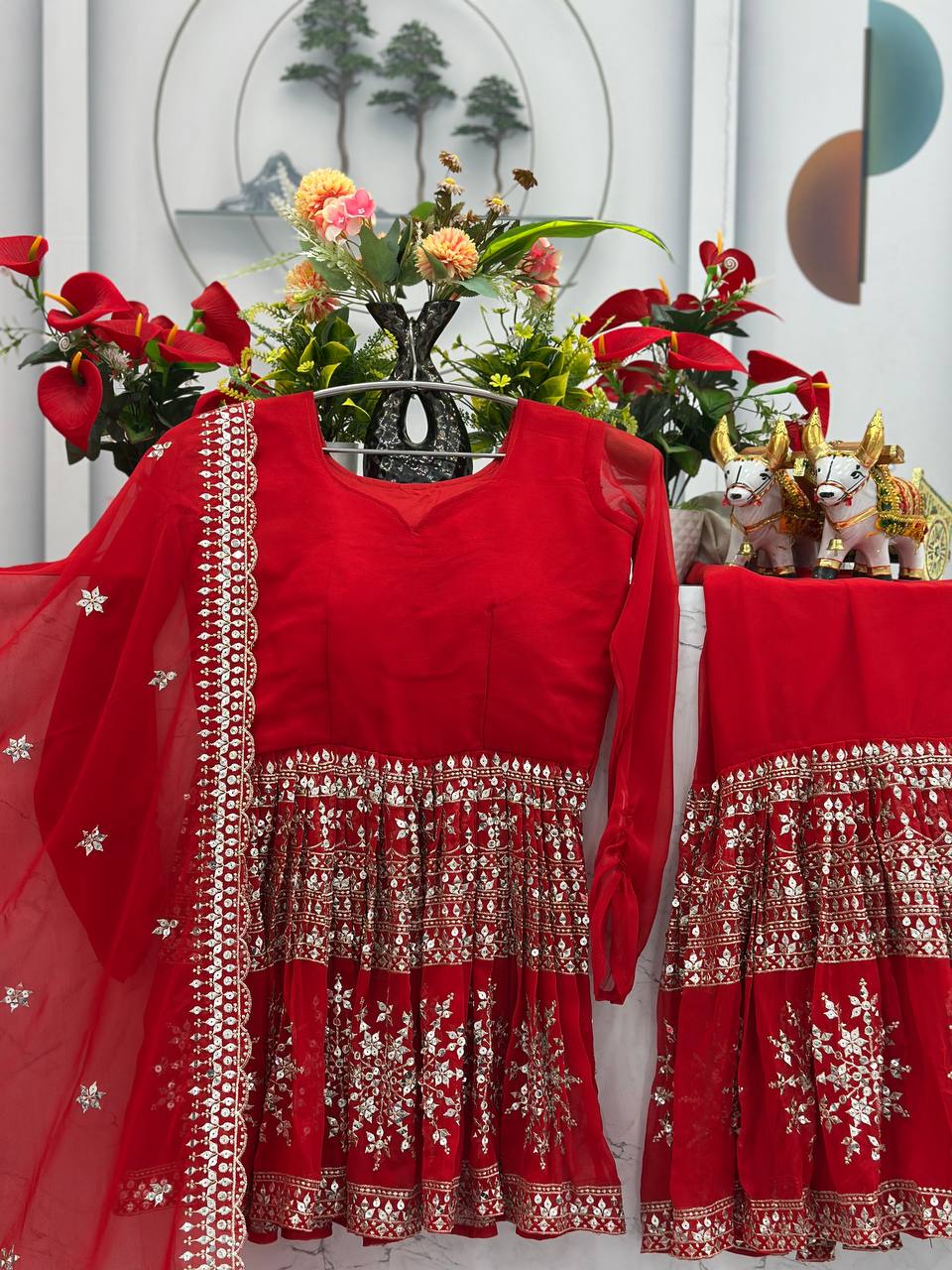 Party Wear Red Color Heavy Faux Georgette With Heavy Embroidery Work Sharara Suit