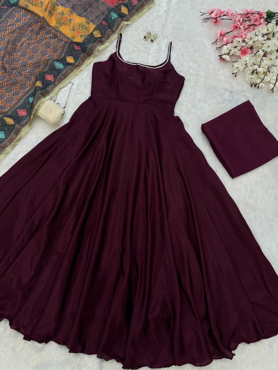 Wedding Wear Wine Color Chinon Beautiful Anarkali Suit