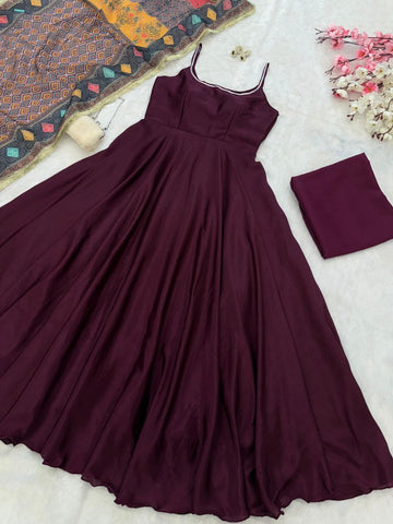 Wedding Wear Wine Color Chinon Beautiful Anarkali Suit