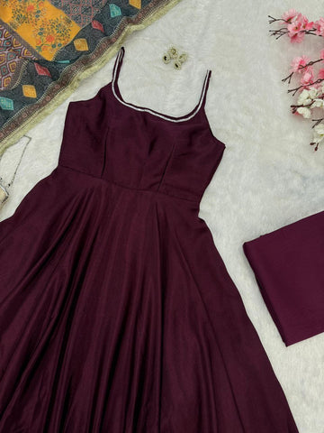 Wedding Wear Wine Color Chinon Beautiful Anarkali Suit