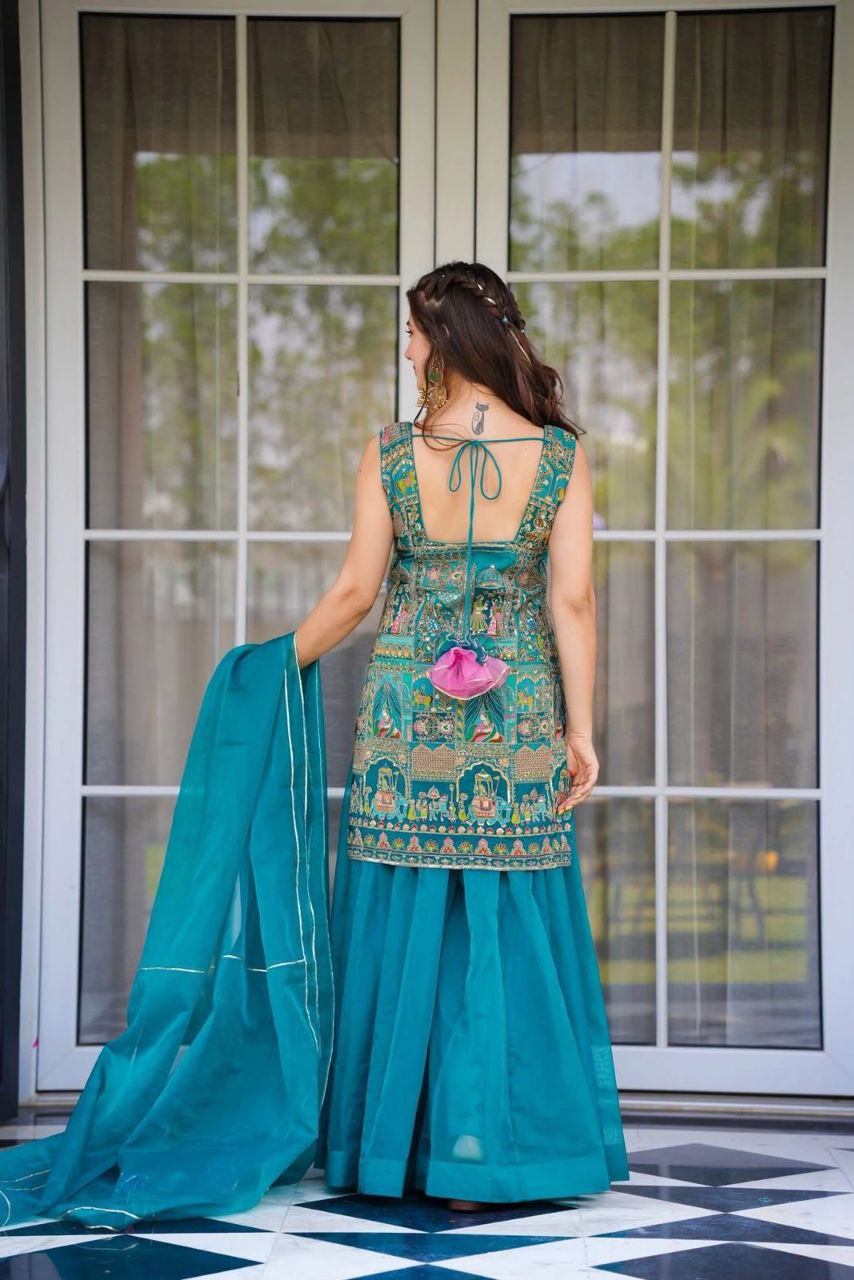 Party Wear Sky Blue Color Digital Printed Palazzo Suit