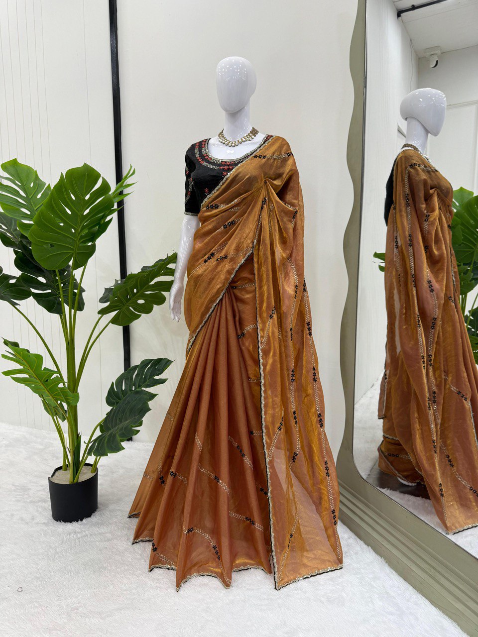 Festive Wear Brown Color Thread And Sequin Embroidery Work Designer Saree