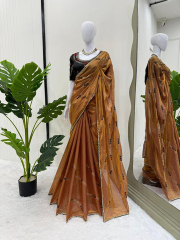 Festive Wear Brown Color Thread And Sequin Embroidery Work Designer Saree