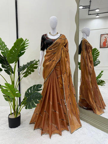 Festive Wear Brown Color Thread And Sequin Embroidery Work Designer Saree