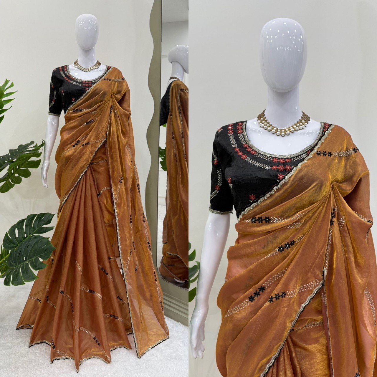 Festive Wear Brown Color Thread And Sequin Embroidery Work Designer Saree