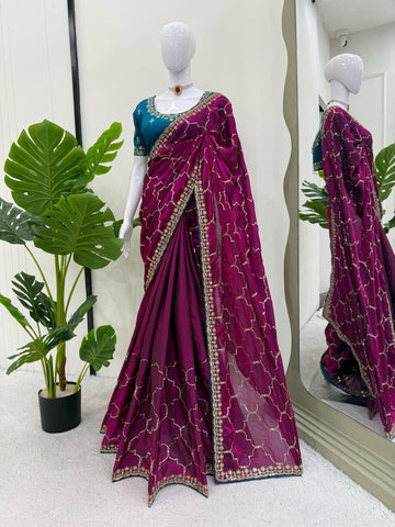 Ceremony Wear Wine Color Thread And Sequin Embroidery Work Beautiful Saree