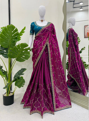 Ceremony Wear Wine Color Thread And Sequin Embroidery Work Beautiful Saree