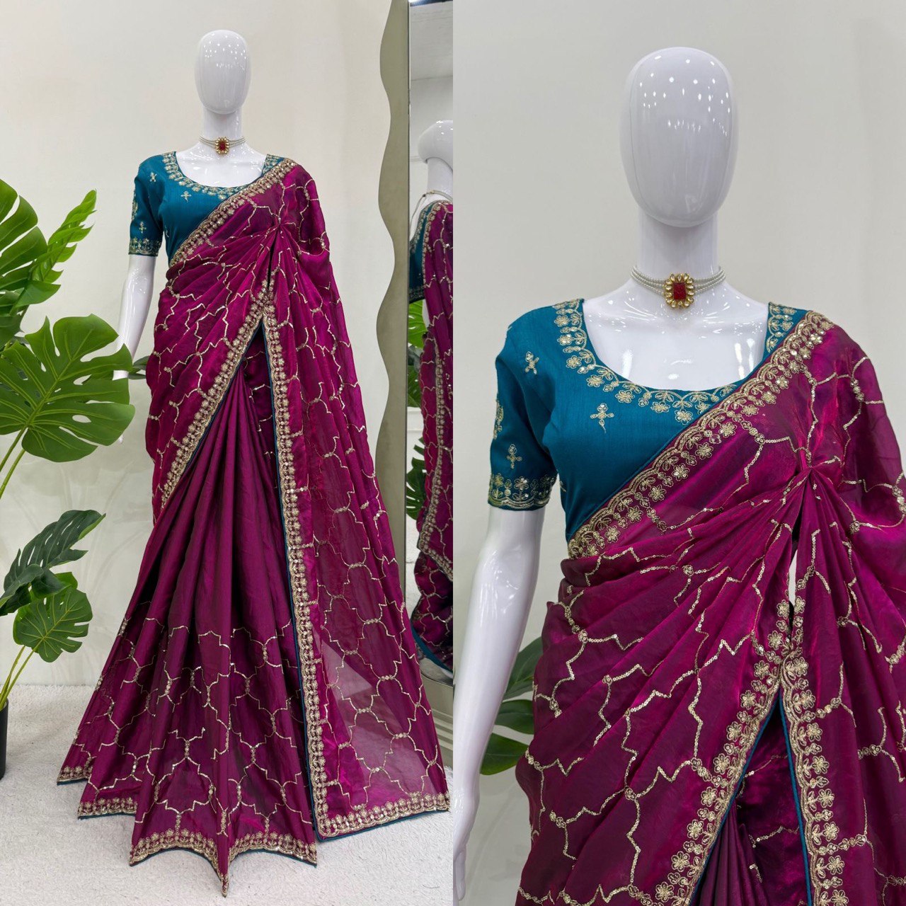 Ceremony Wear Wine Color Thread And Sequin Embroidery Work Beautiful Saree