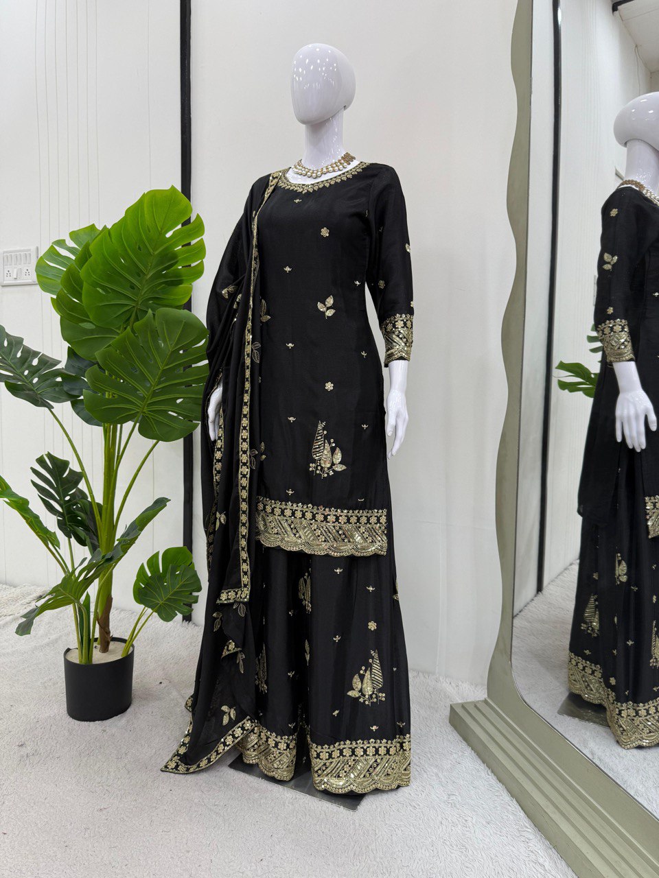Festive Wear Black Color Thread And Sequin Embroidery Work Beautiful Palazzo Suit