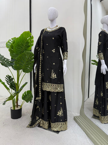 Festive Wear Black Color Thread And Sequin Embroidery Work Beautiful Palazzo Suit