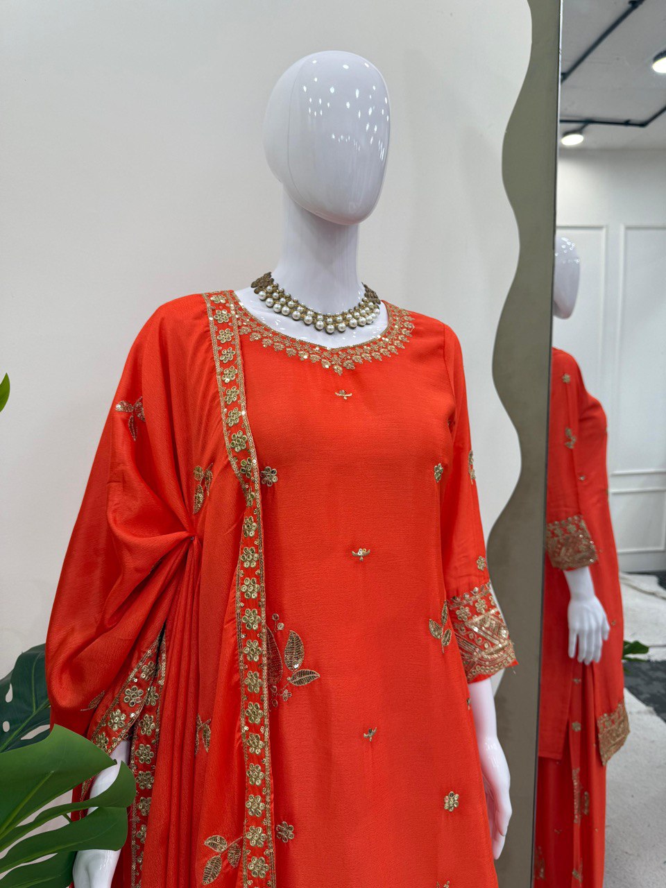 Function Wear Orange Color Thread And Sequin Embroidery Work Beautiful Palazzo Suit
