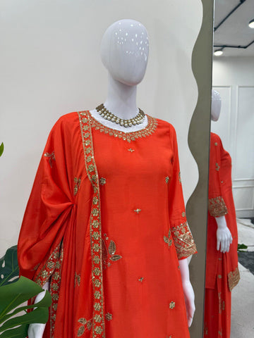 Function Wear Orange Color Thread And Sequin Embroidery Work Beautiful Palazzo Suit