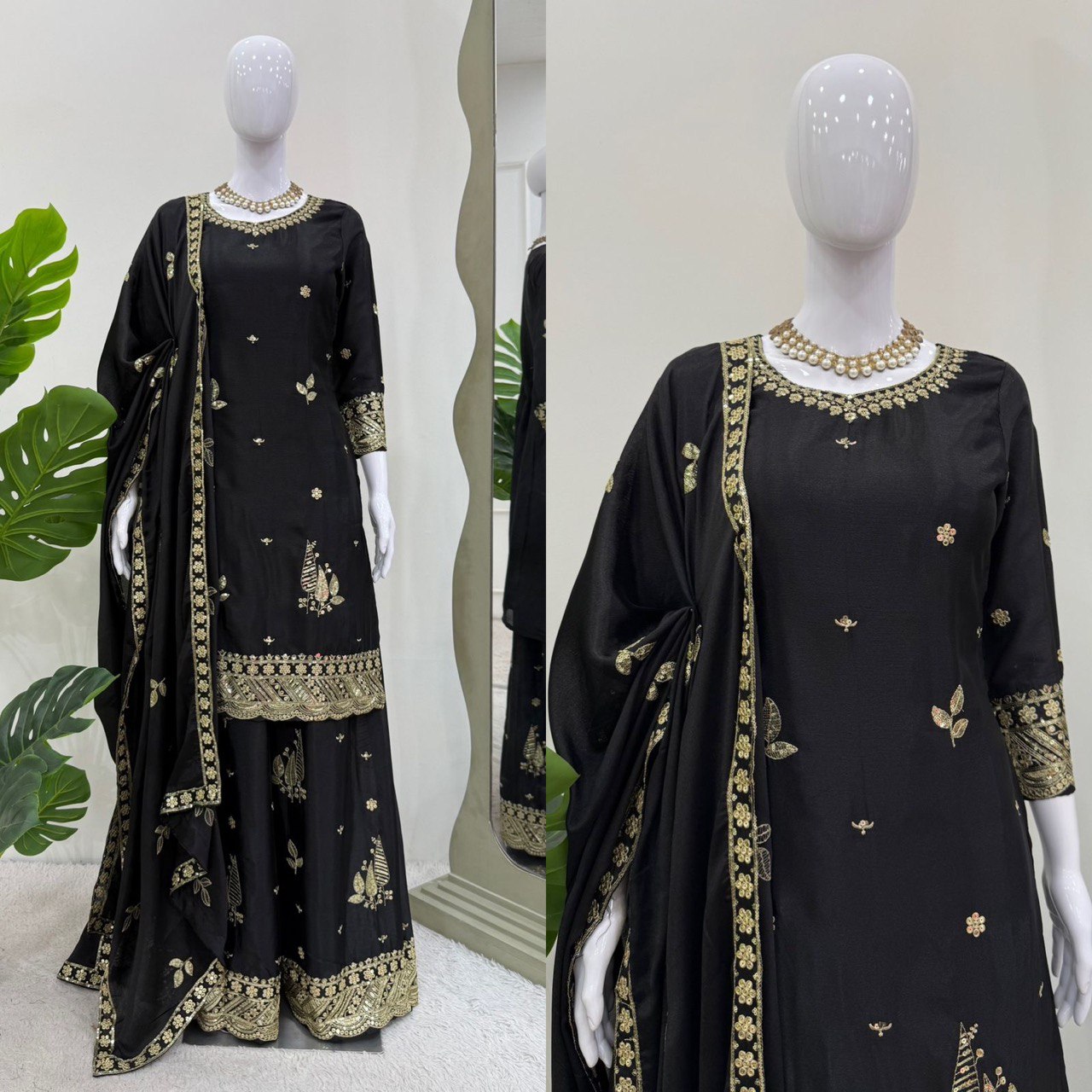 Festive Wear Black Color Thread And Sequin Embroidery Work Beautiful Palazzo Suit