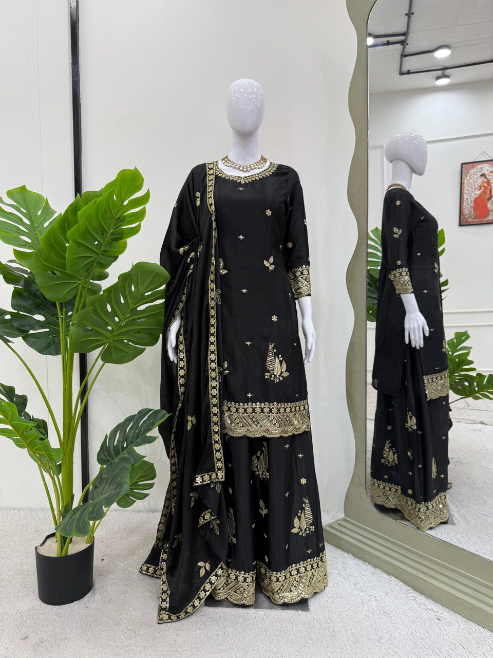 Festive Wear Black Color Thread And Sequin Embroidery Work Beautiful Palazzo Suit