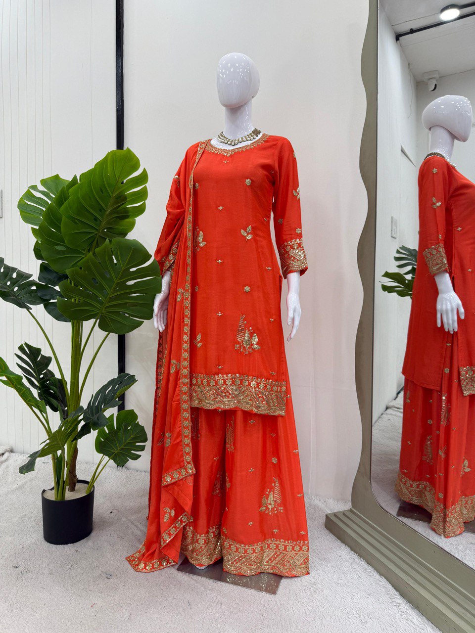 Function Wear Orange Color Thread And Sequin Embroidery Work Beautiful Palazzo Suit