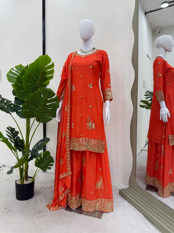 Function Wear Orange Color Thread And Sequin Embroidery Work Beautiful Palazzo Suit