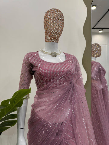 Wedding Wear Dusty Pink Color Embroidery Work Saree